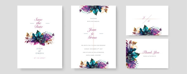 Fototapeta na wymiar Modern wedding invitation card set template design with watercolor flower, leaf and branch