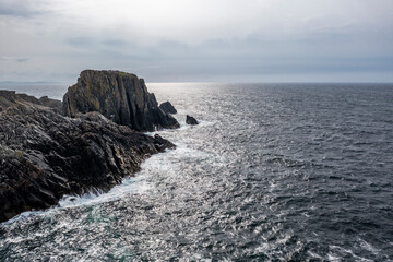 Aerial view of the coastline at Malin Head in Ireland.