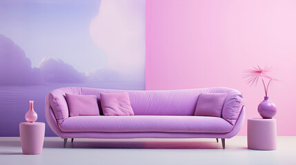 Colorful abstract living room interior with sofa and pillows. Minimalist concept.