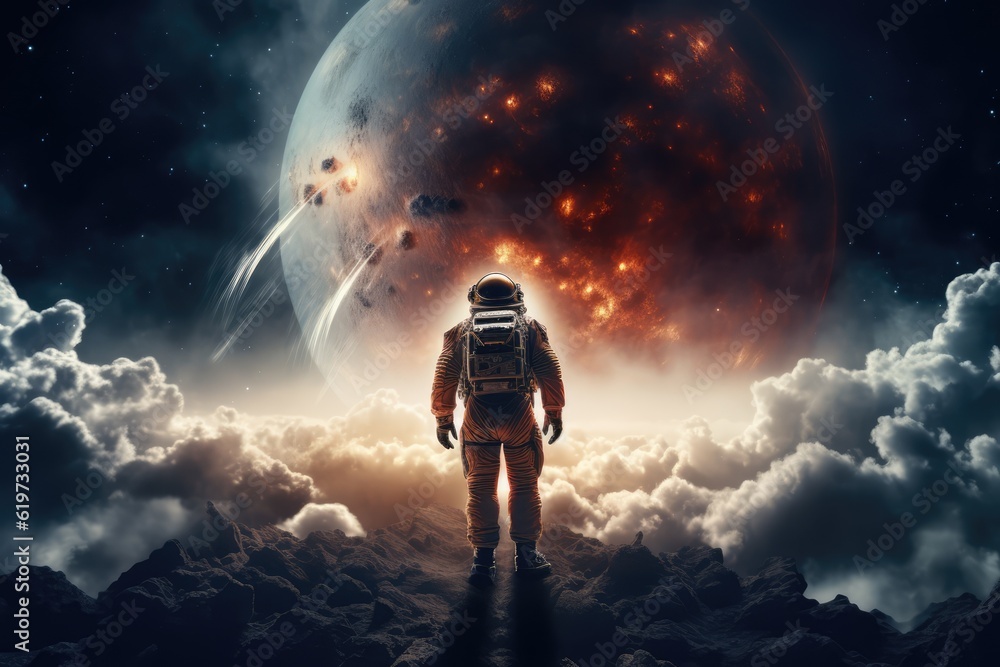 Sticker astronaut exploring other worlds in outer space