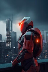 Robot with a glowing red visor in cityscape, Generative AI
