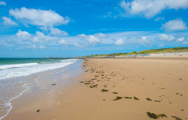 Sand beach along a sea under a dark blue cloudy sky in bright sunlight in summer, Zeeland, the Netherlands, June, 2023