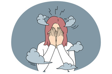 Unhappy woman covering face with hands feeling dizzy and anxious suffer from mental problems. Upset girl struggle with burnout or depression. Healthcare. Vector illustration.