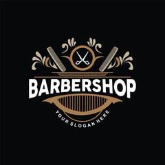 Barbershop Logo, Scissors Vector, Retro Vintage Minimalist Typography Ornament Design