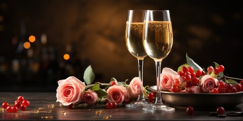 Fototapeta na wymiar Romantic wine and roses concept background