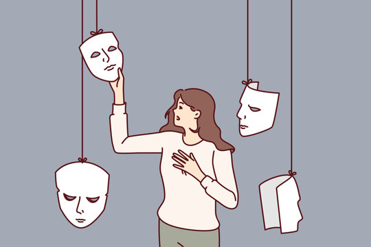 Woman actress chooses mask for performing in theater or substituting emotions to deceive interlocutor. Girl with masks, metaphor for hypocrisy and mental disorder or mental problems.