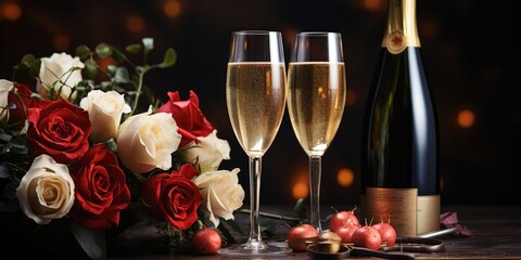 Romantic wine and roses concept background