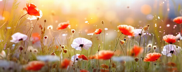 Wild poppy flower meadow in spring, Generative AI