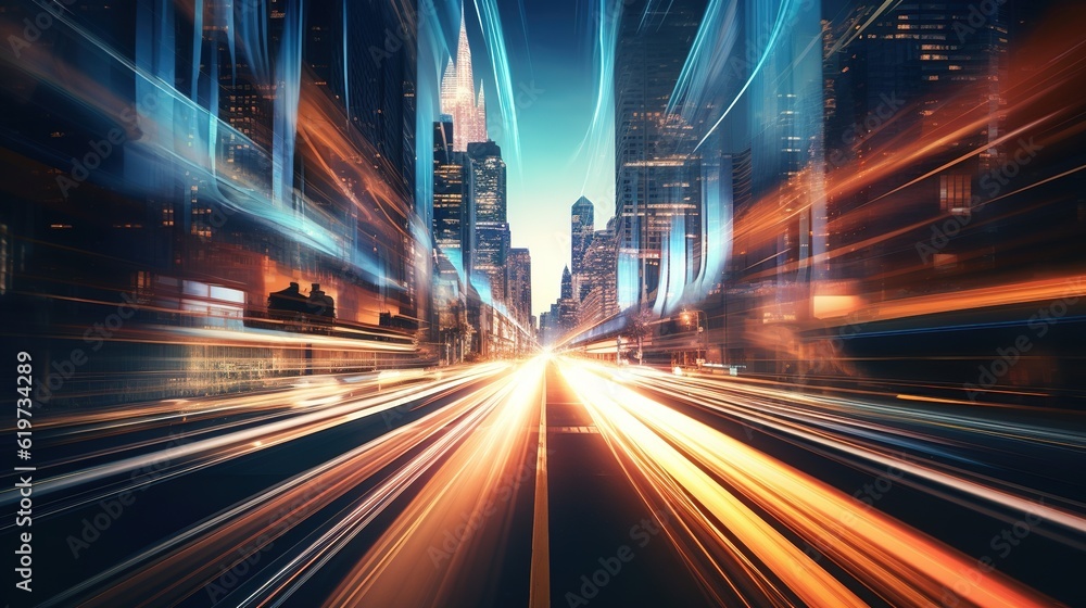 Poster abstract light flow through the city with gradient and intricate lighting. generative ai