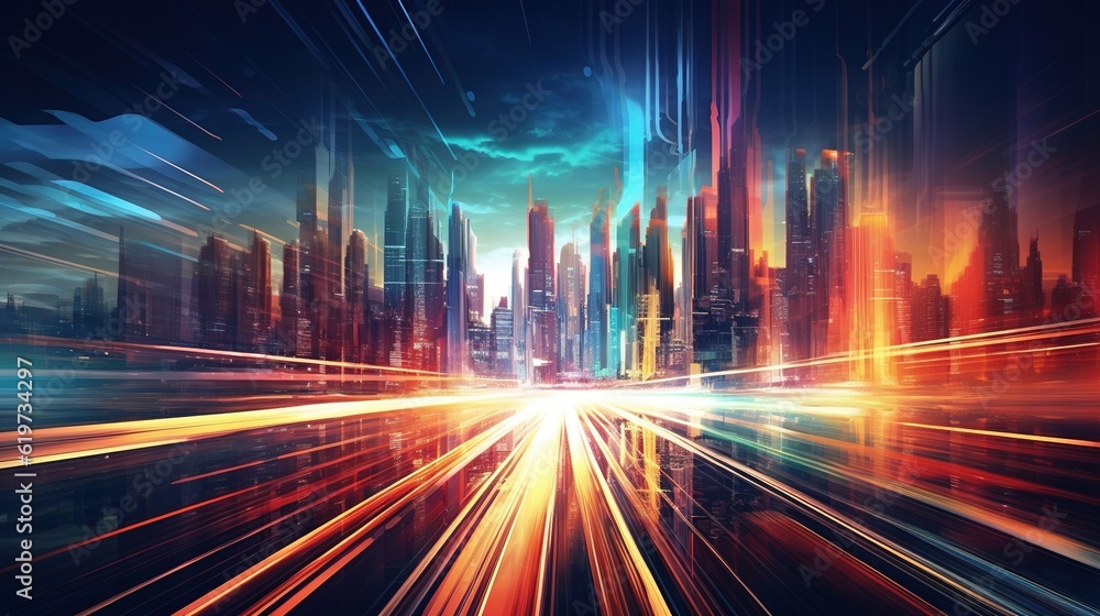 Poster abstract light flow through the city with gradient and intricate lighting. generative ai
