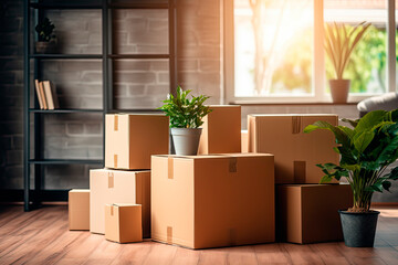 Pile of cardboard boxes with personal belongings in living room on moving day without people, delivery service concept, banner for website header design with copy space for text