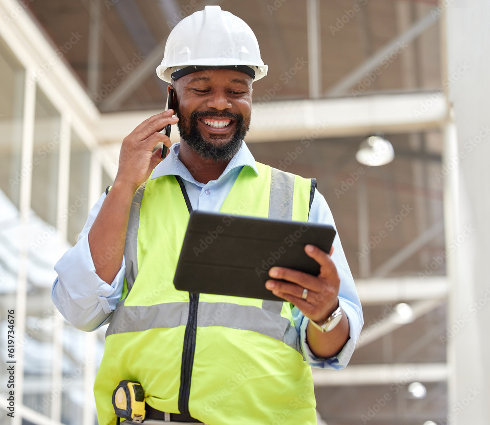 Aufkleber phone call, black man and architect with tablet for research, planning and working on construction p