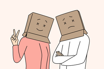 People with cardboard boxes on heads look at screen with sad or cheerful emotions. Man and woman pose with fake mood and show different emotions hiding true psychological or mental state.