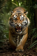 AI-generated illustration of a fierce Bengal tiger in its natural habitat.
