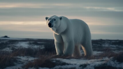Plakat AI generated illustration of a majestic polar bear in the crisp winter air, gazing over its shoulder