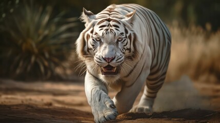 AI generated illustration of a white tiger running across the dirt in the sunshine