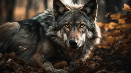 Naklejka na ściany i meble AI generated illustration of a gray wolf on fallen leaves in a forest setting