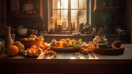 AI generated illustration of a display of a selection of fresh fruit on a table inside a kitchen
