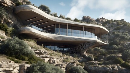 AI-generated illustration of a futuristic modern house built into cliffs.