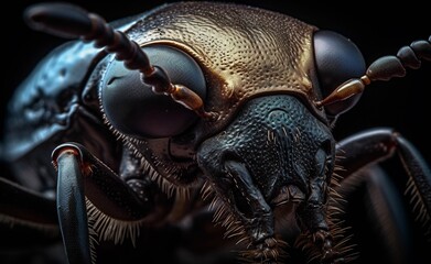 Crisp macro shot of a beetle with its head and two large black eyes