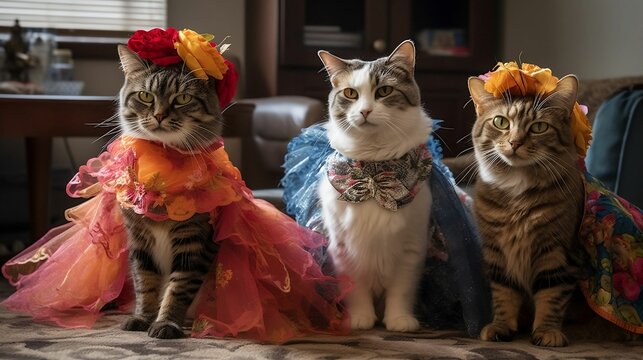 AI generated illustration of three cats in costumes of different colors perched on the floor