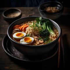 AI generated illustration of a bowl of hot ramen with boiled eggs on the table