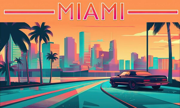 AI-generated illustration of a sedan driving down a highway with palm trees in Miami.