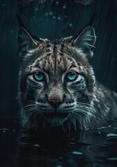 AI generated illustration of a Bobcat in the lake looking directly at the viewer with blue eyes