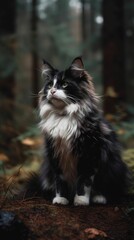 AI generated illustration of a cat in a wooded area surrounded by vibrant fall foliage