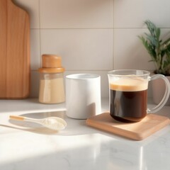 Fototapeta na wymiar AI generated illustration of a kitchen countertop featuring a cup of coffee at the sunlight