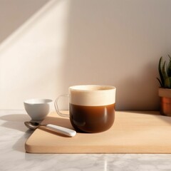 AI generated illustration of a kitchen countertop featuring a cup of coffee at the sunlight