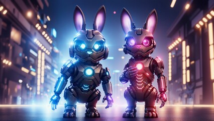 AI generated illustration of two robotic bunny figures with glowing eyes and ears