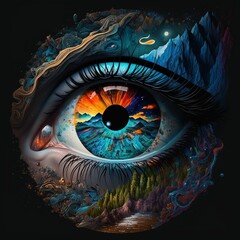 AI generated illustration of an open eye with a detailed painting of a mountainous landscape