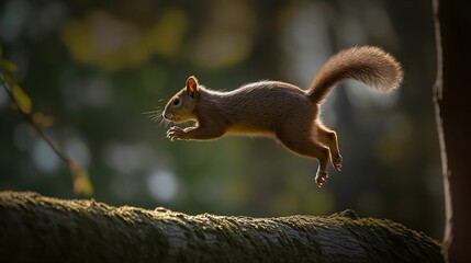 AI generated illustration of a squirrel jumping up in the air on the tree