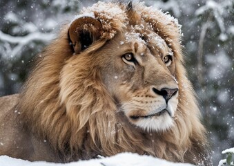 AI generated illustration of a beautiful, regal lion on a snowy mountaintop