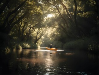 AI generated illustration of a person in a yellow canoe leisurely sailing down a tranquil river