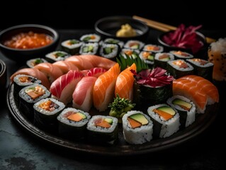 AI-generated illustration of a colorful sushi platter with an array of sushi rolls.