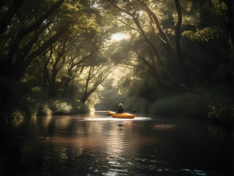 AI generated illustration of a person in a yellow canoe leisurely sailing down a tranquil river