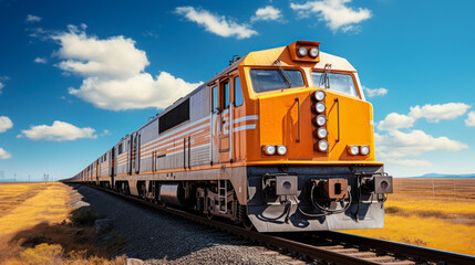 Fototapeta premium Blue Sky Cargo: Freight Train Locomotive Transporting Goods on a Sunny Day