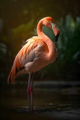 Portrait of a flamingo on a lake shore, national geographic photography style, vertical format 2:3