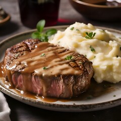 Mouth-watering image of a juicy steak with a side of mashed potatoes and gravy - Generative AI