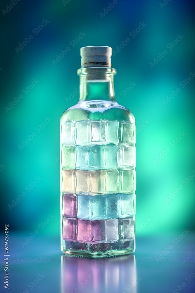 Poster ai generated illustration of a clear glass bottle filled with colorful array of ice cubes
