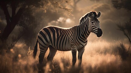 AI generated illustration of a beautiful zebra in African savannah illuminated by natural sun light
