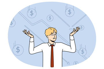Unhappy businessman feel frustrated with stock market crisis losing money. Distressed man employee confused with financial depression and bankruptcy. Flat vector illustration.
