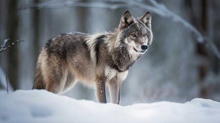 AI generated illustration of a gray wolf in a snowy forest in the daylight