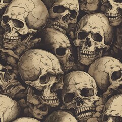AI generated illustration of a seamless background of skulls resting atop a pile of rocks