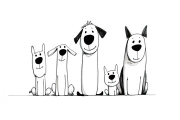 group of funny dogs - black and white line art illustration created using generative AI tools