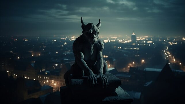 AI generated illustration of a stone gargoyle sculpture on a roof at night