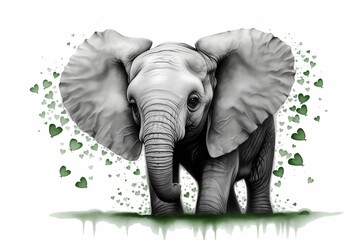 AI generated illustration of an adorable baby elephant surrounded by green hearts