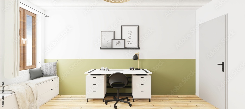 Poster ai generated modern computer desk situated in front of a large window